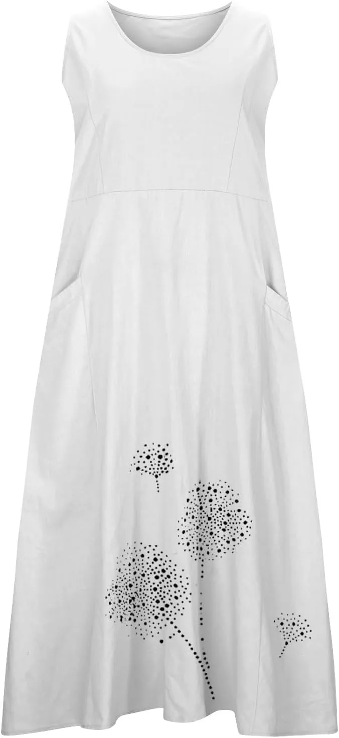 Cotton Linen Dresses for Women 2025 Plus Size Sleeveless Summer Maxi Dress Crewneck Floral Beach Sundress with Pockets