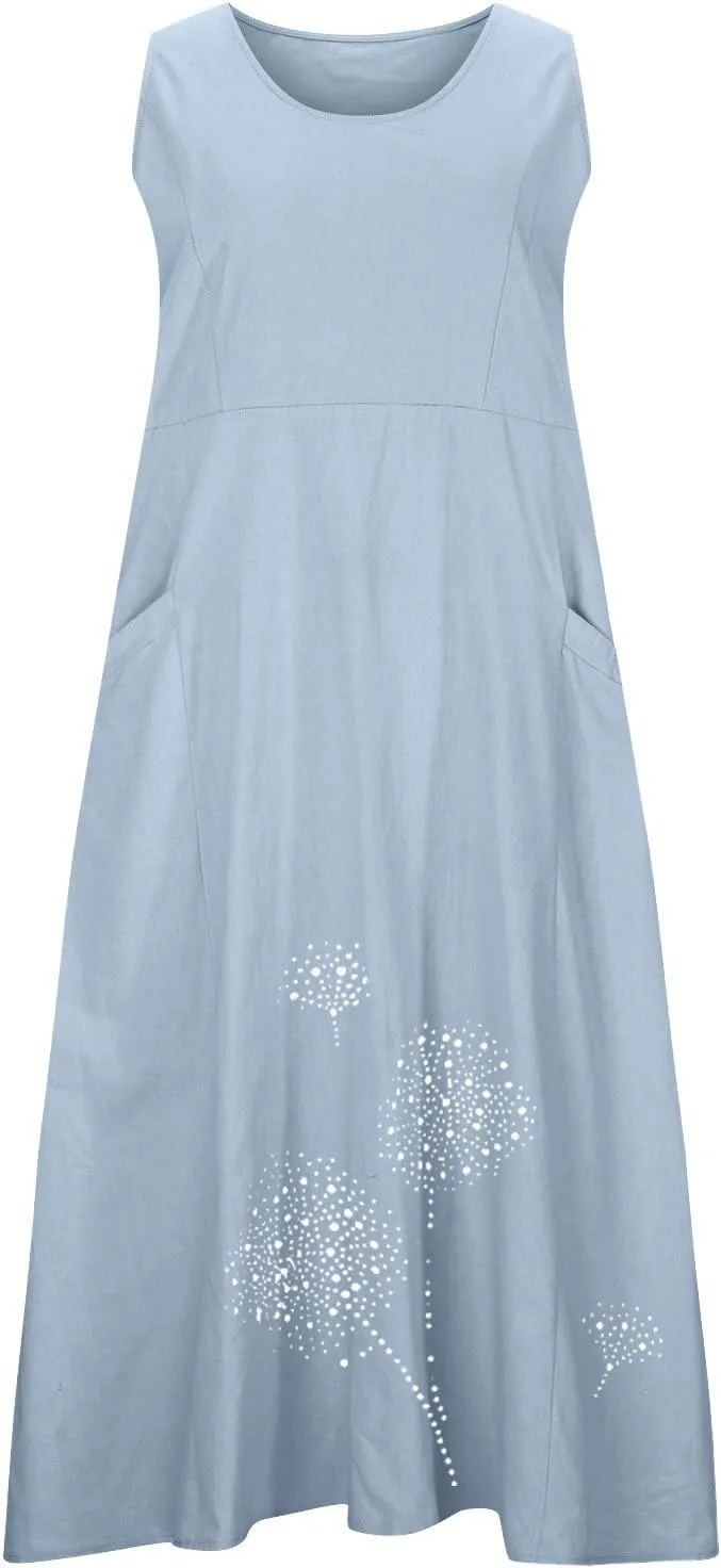 Cotton Linen Dresses for Women 2025 Plus Size Sleeveless Summer Maxi Dress Crewneck Floral Beach Sundress with Pockets