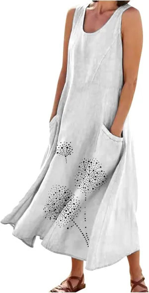 Cotton Linen Dresses for Women 2025 Plus Size Sleeveless Summer Maxi Dress Crewneck Floral Beach Sundress with Pockets