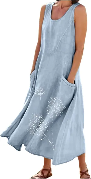 Cotton Linen Dresses for Women 2025 Plus Size Sleeveless Summer Maxi Dress Crewneck Floral Beach Sundress with Pockets