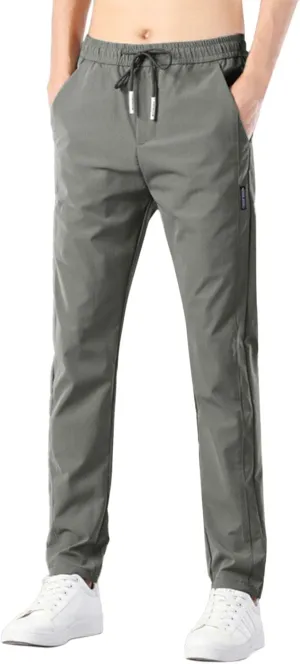 Cotton Linen Pants for Men Casual Loose Fit Pants Outdoor Hiking Trousers Drawstring Elastic Waist Straight Leg Pant