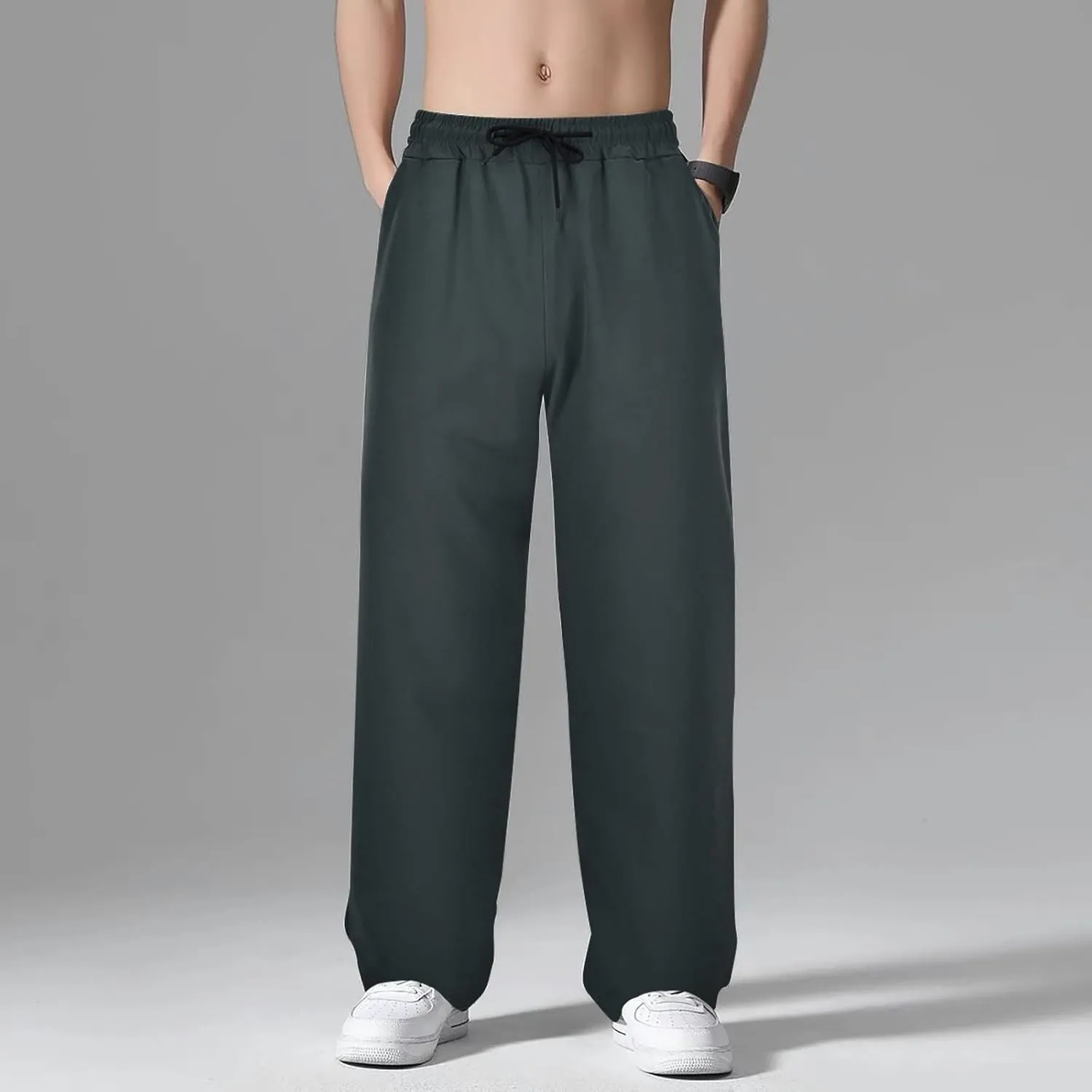 Cotton Linen Pants for Men Casual Loose Fit Pants Outdoor Hiking Trousers Drawstring Elastic Waist Straight Leg Pant