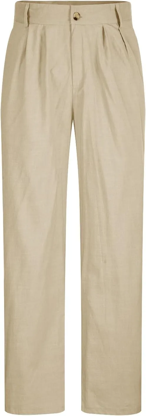 Cotton Linen Pants Mens Pleated Front Trousers Straight Leg Suit Pants Solid Color Business Casual Office Dress Pants