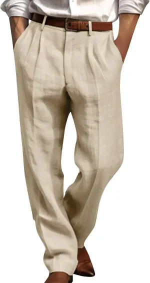 Cotton Linen Pants Mens Pleated Front Trousers Straight Leg Suit Pants Solid Color Business Casual Office Dress Pants