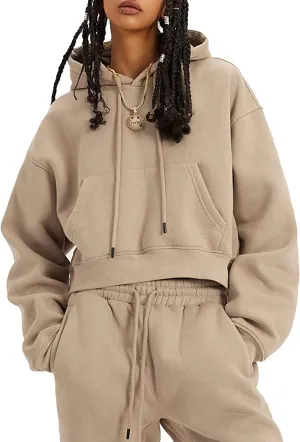 COZYPOIN Womens Fleece 2 Piece Outfits Sweatsuit Crop Top and Pants Hoodie Tracksuit Set