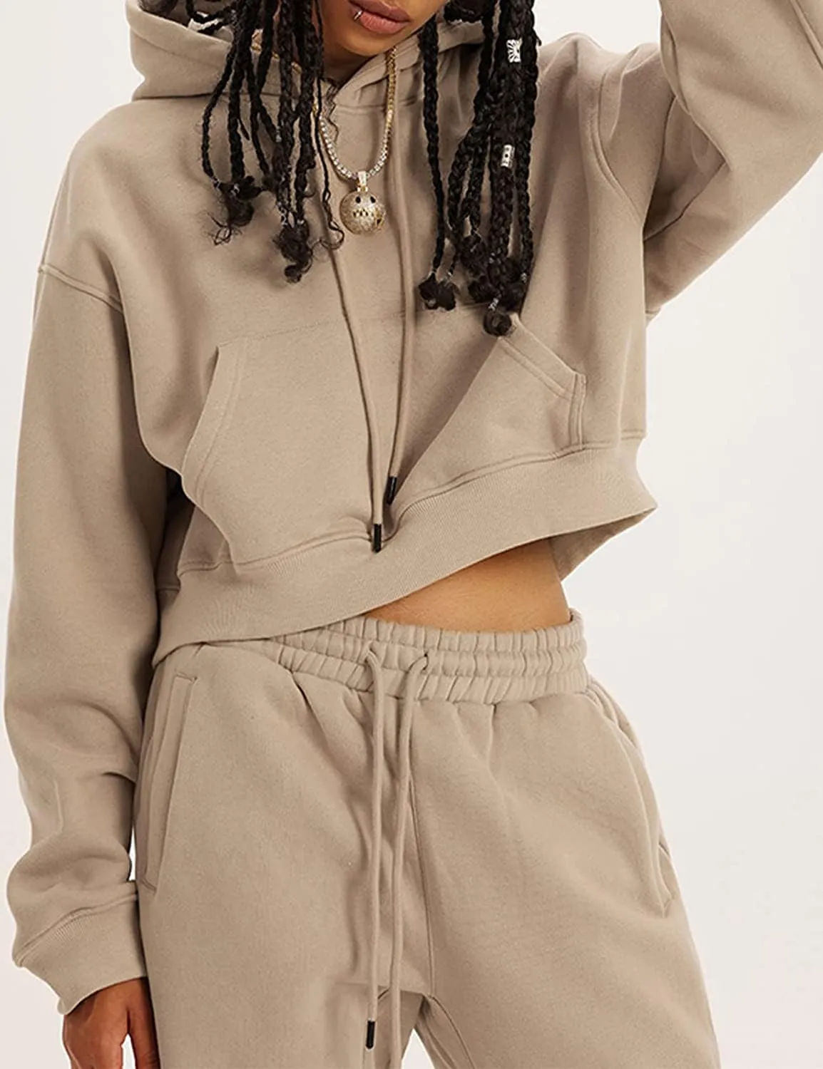 COZYPOIN Womens Fleece 2 Piece Outfits Sweatsuit Crop Top and Pants Hoodie Tracksuit Set