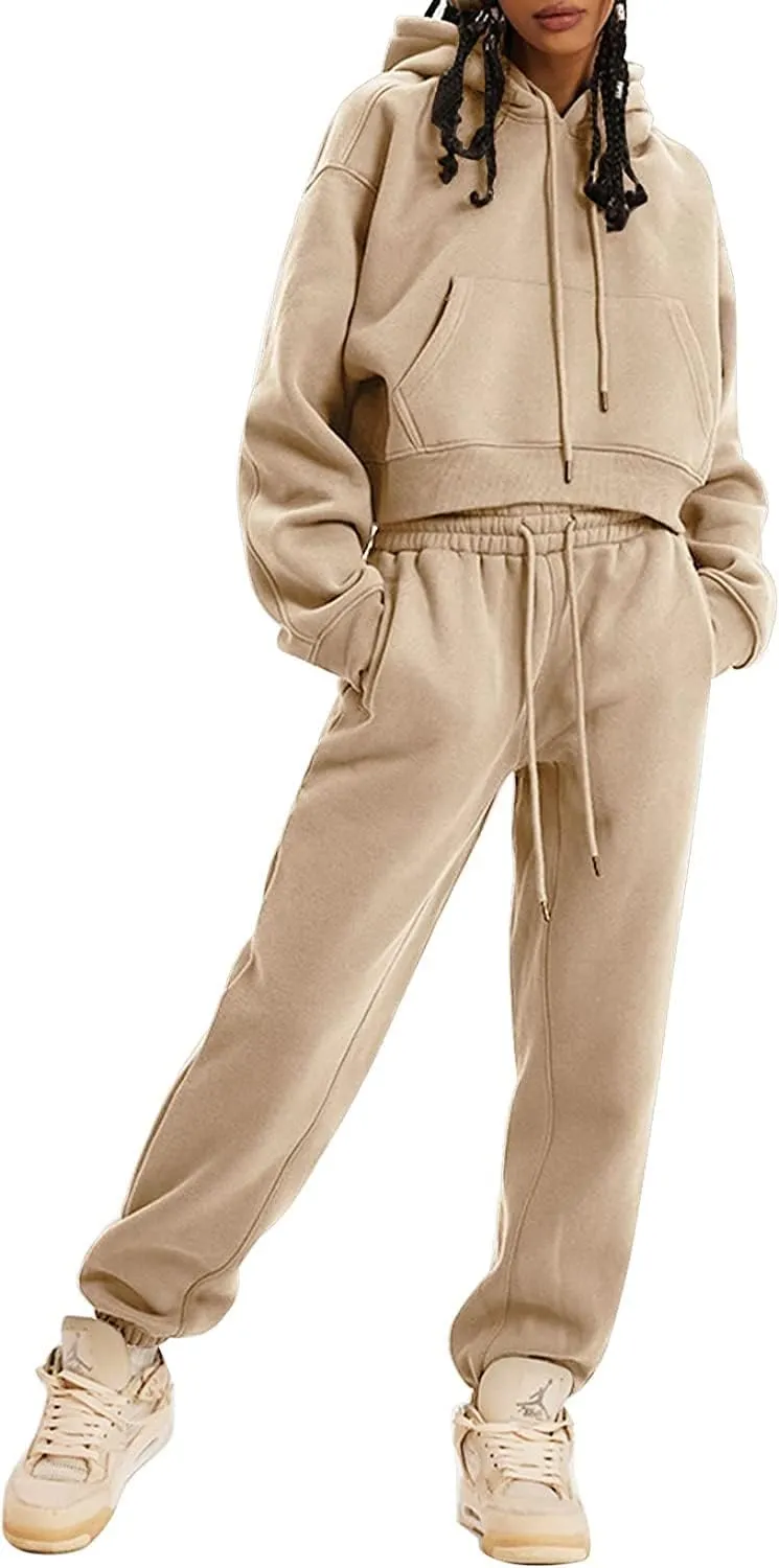 COZYPOIN Womens Fleece 2 Piece Outfits Sweatsuit Crop Top and Pants Hoodie Tracksuit Set