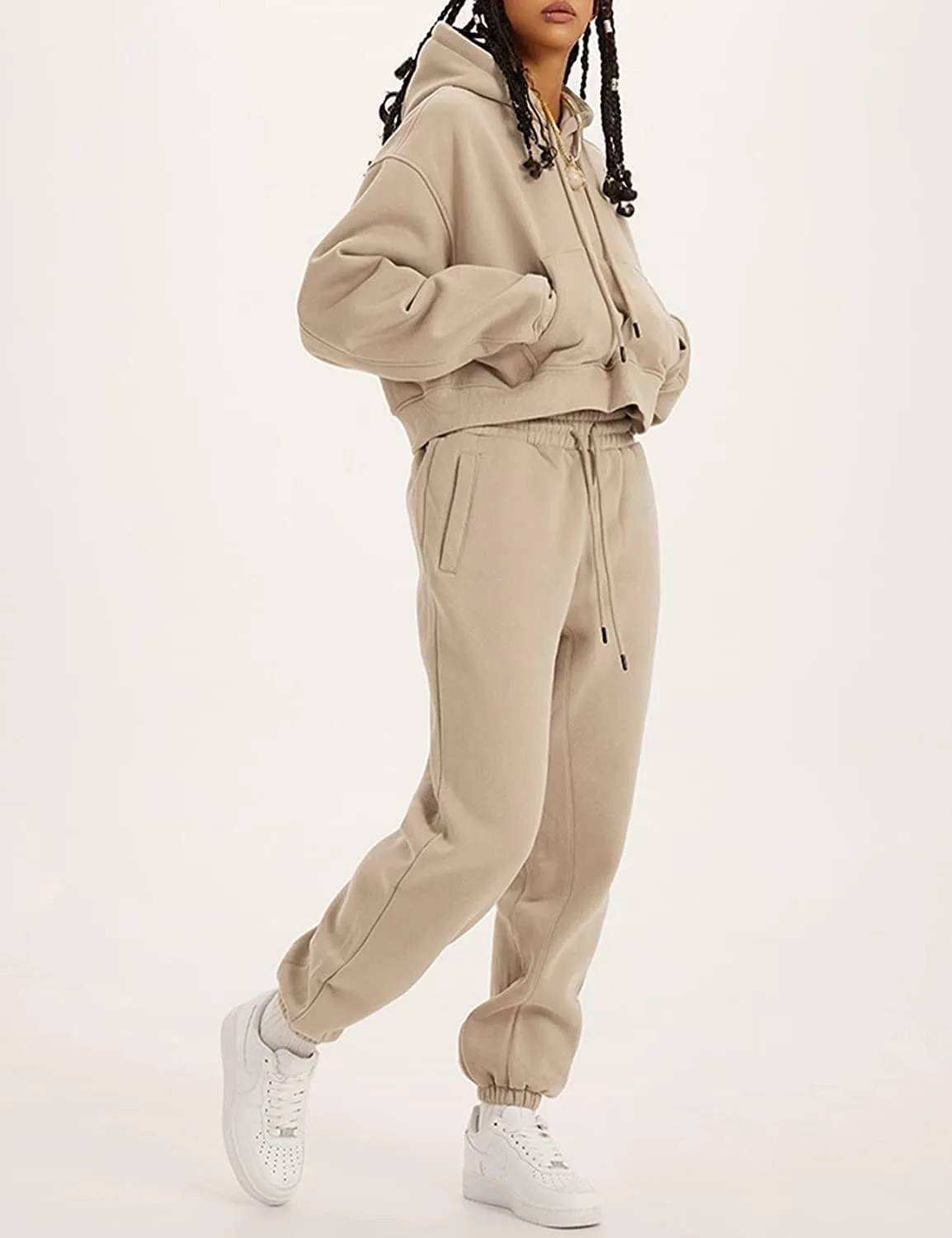 COZYPOIN Womens Fleece 2 Piece Outfits Sweatsuit Crop Top and Pants Hoodie Tracksuit Set