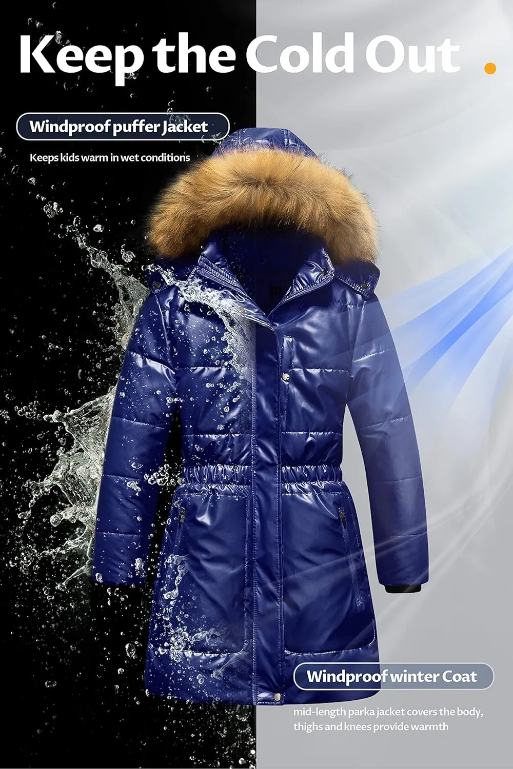 CREATMO US Girl's Long Length Winter Coat Parka Water Resistant Puffer Jacket With Fleece Lining