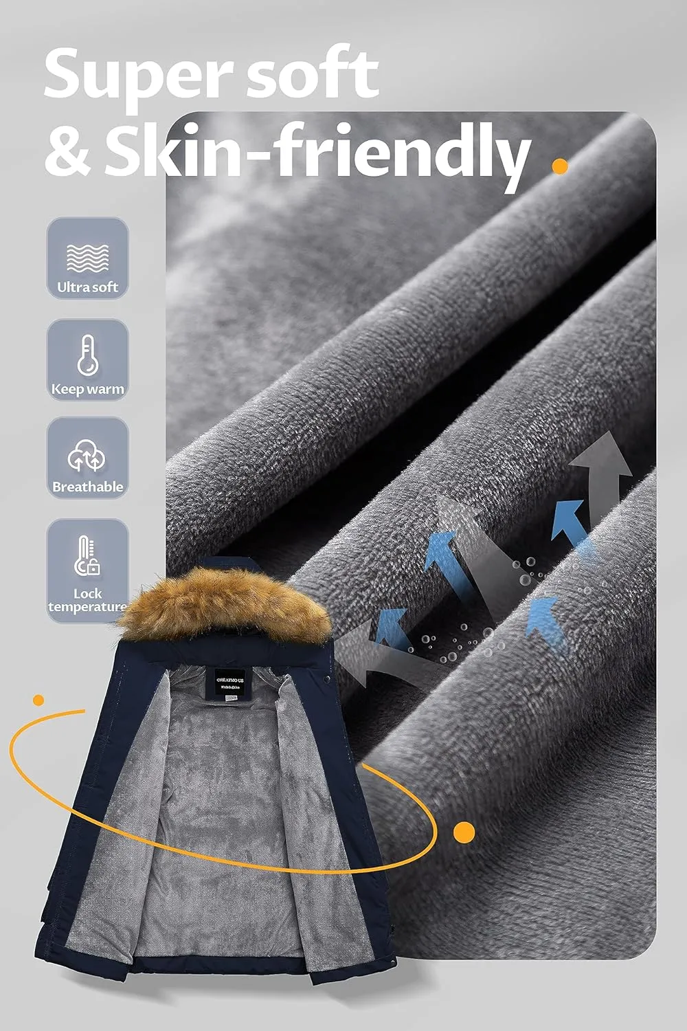 CREATMO US Girl's Long Length Winter Coat Parka Water Resistant Puffer Jacket With Fleece Lining