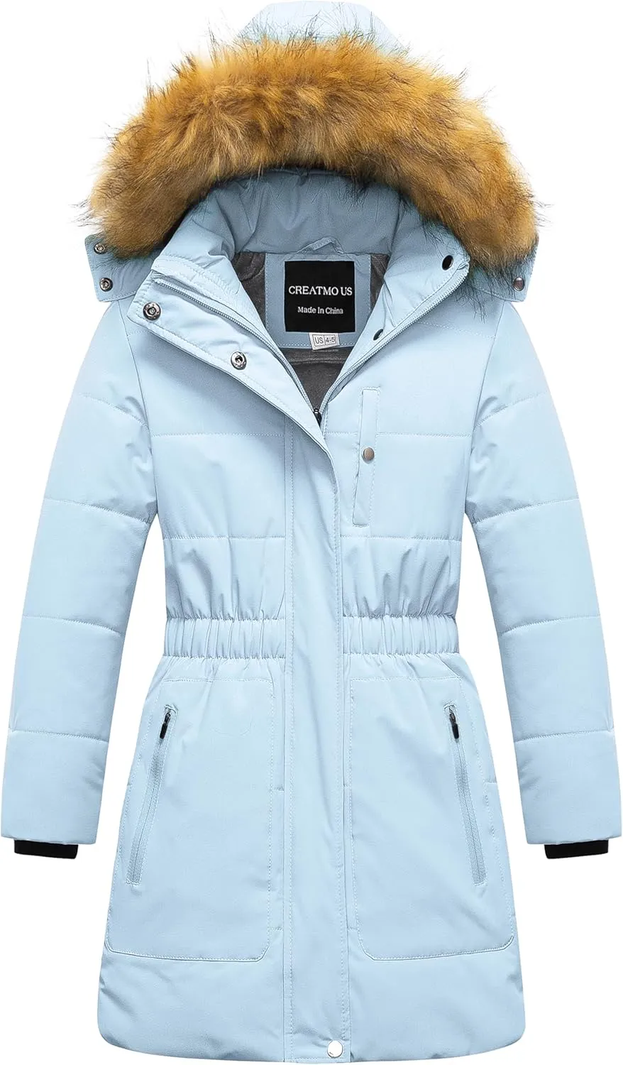 CREATMO US Girl's Long Length Winter Coat Parka Water Resistant Puffer Jacket With Fleece Lining