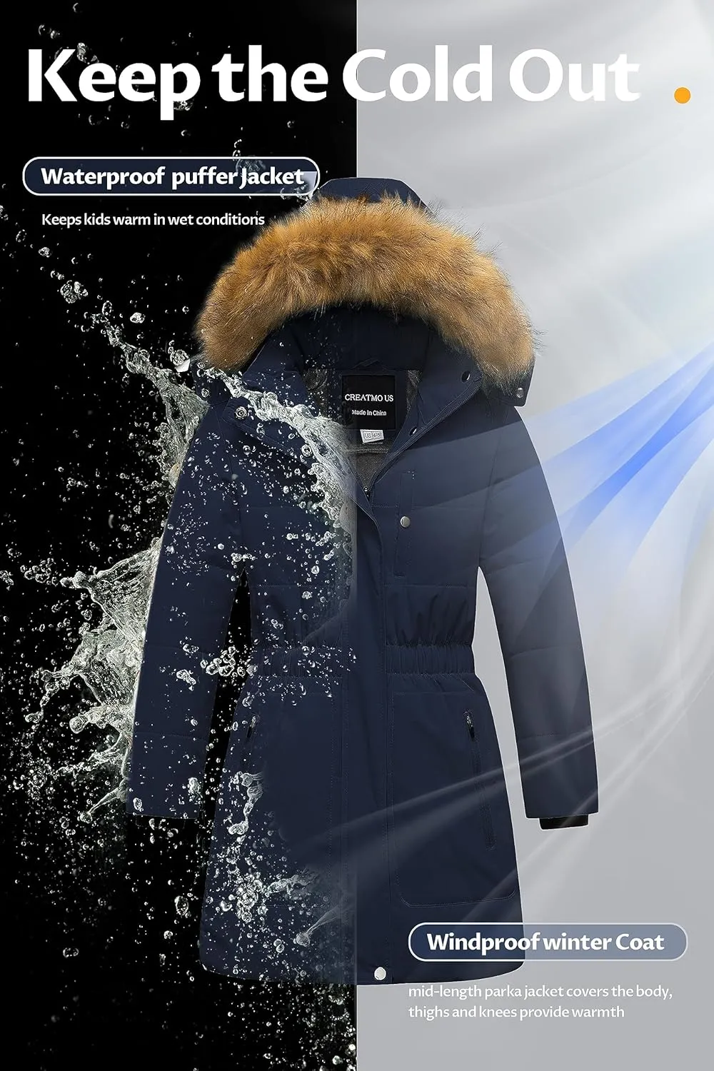 CREATMO US Girl's Long Length Winter Coat Parka Water Resistant Puffer Jacket With Fleece Lining