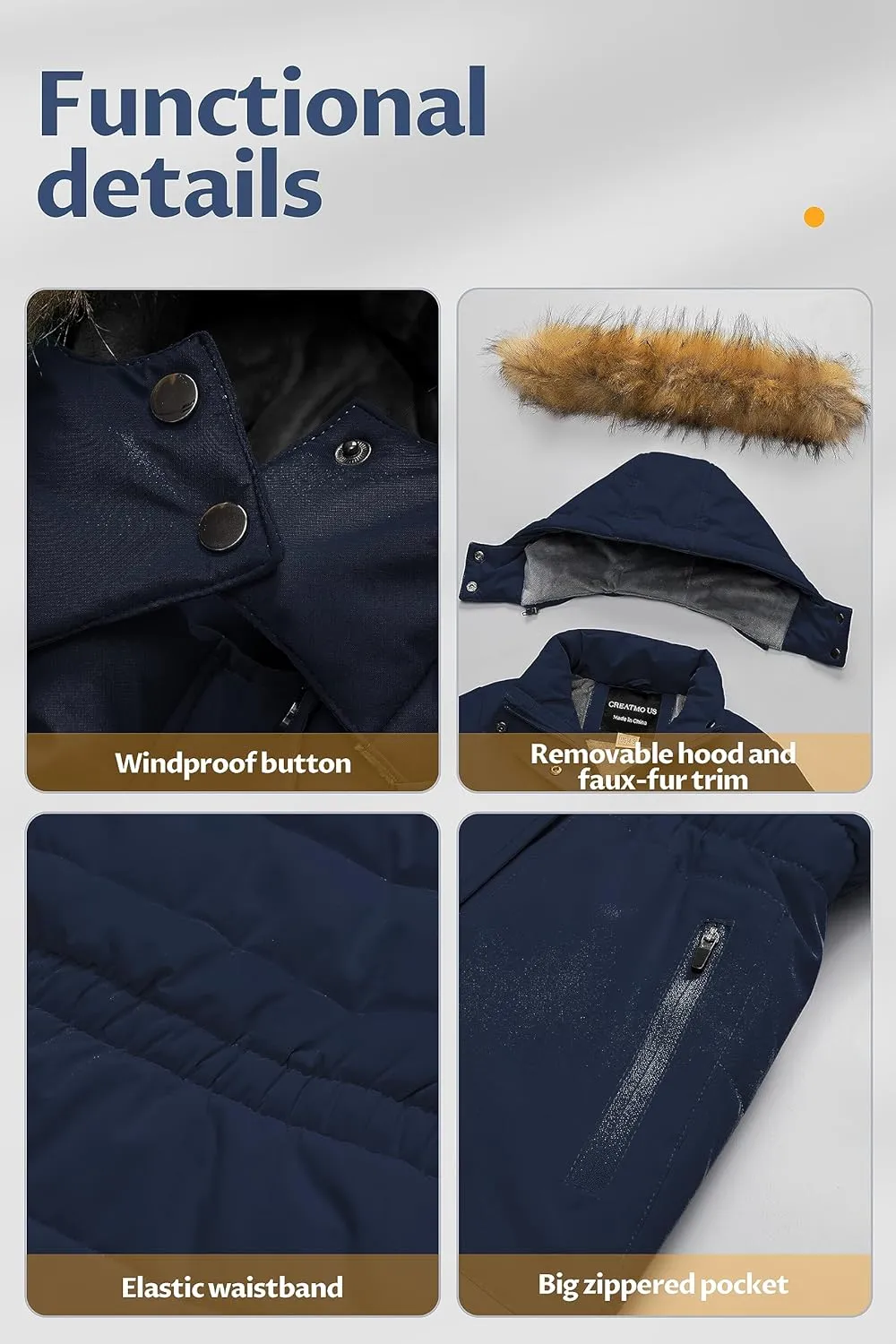 CREATMO US Girl's Long Length Winter Coat Parka Water Resistant Puffer Jacket With Fleece Lining