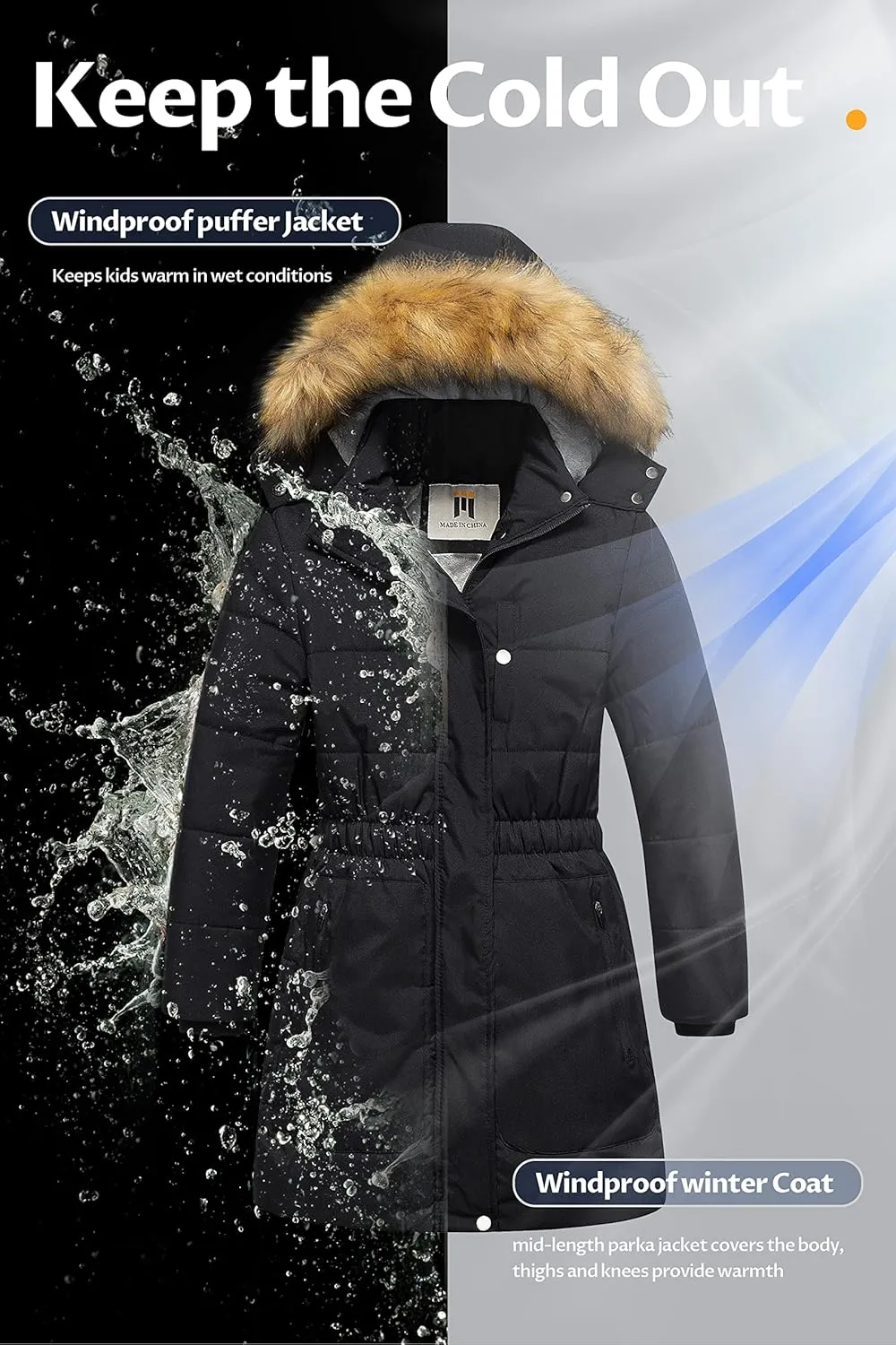 CREATMO US Girl's Long Length Winter Coat Parka Water Resistant Puffer Jacket With Fleece Lining