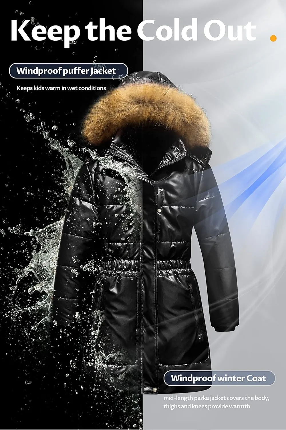 CREATMO US Girl's Long Length Winter Coat Parka Water Resistant Puffer Jacket With Fleece Lining