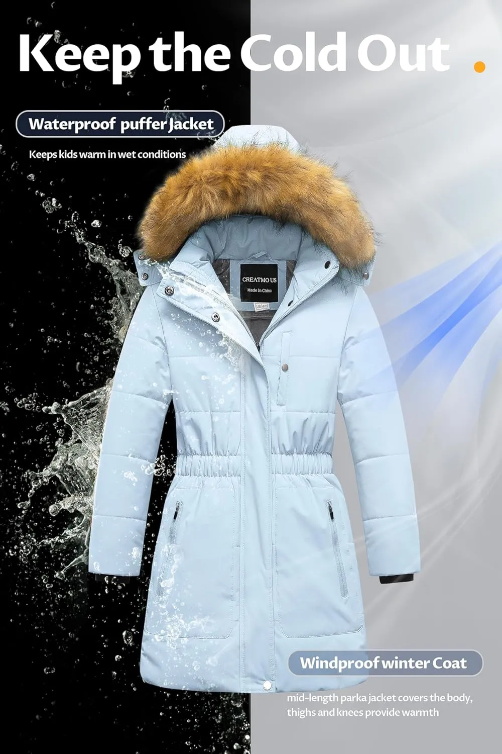 CREATMO US Girl's Long Length Winter Coat Parka Water Resistant Puffer Jacket With Fleece Lining