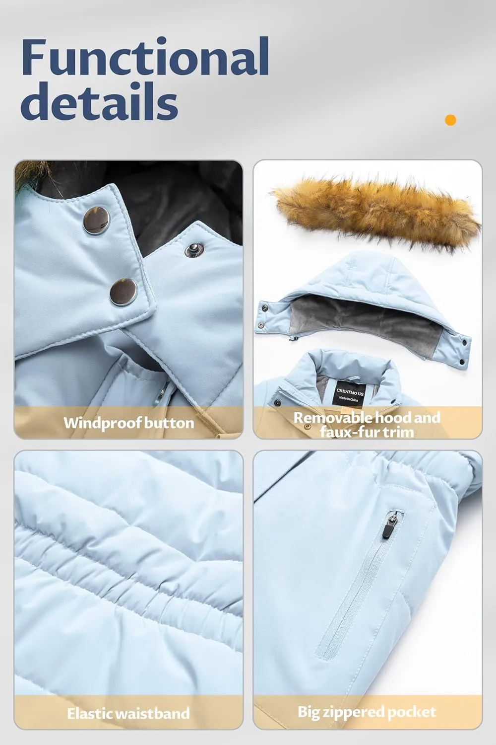CREATMO US Girl's Long Length Winter Coat Parka Water Resistant Puffer Jacket With Fleece Lining
