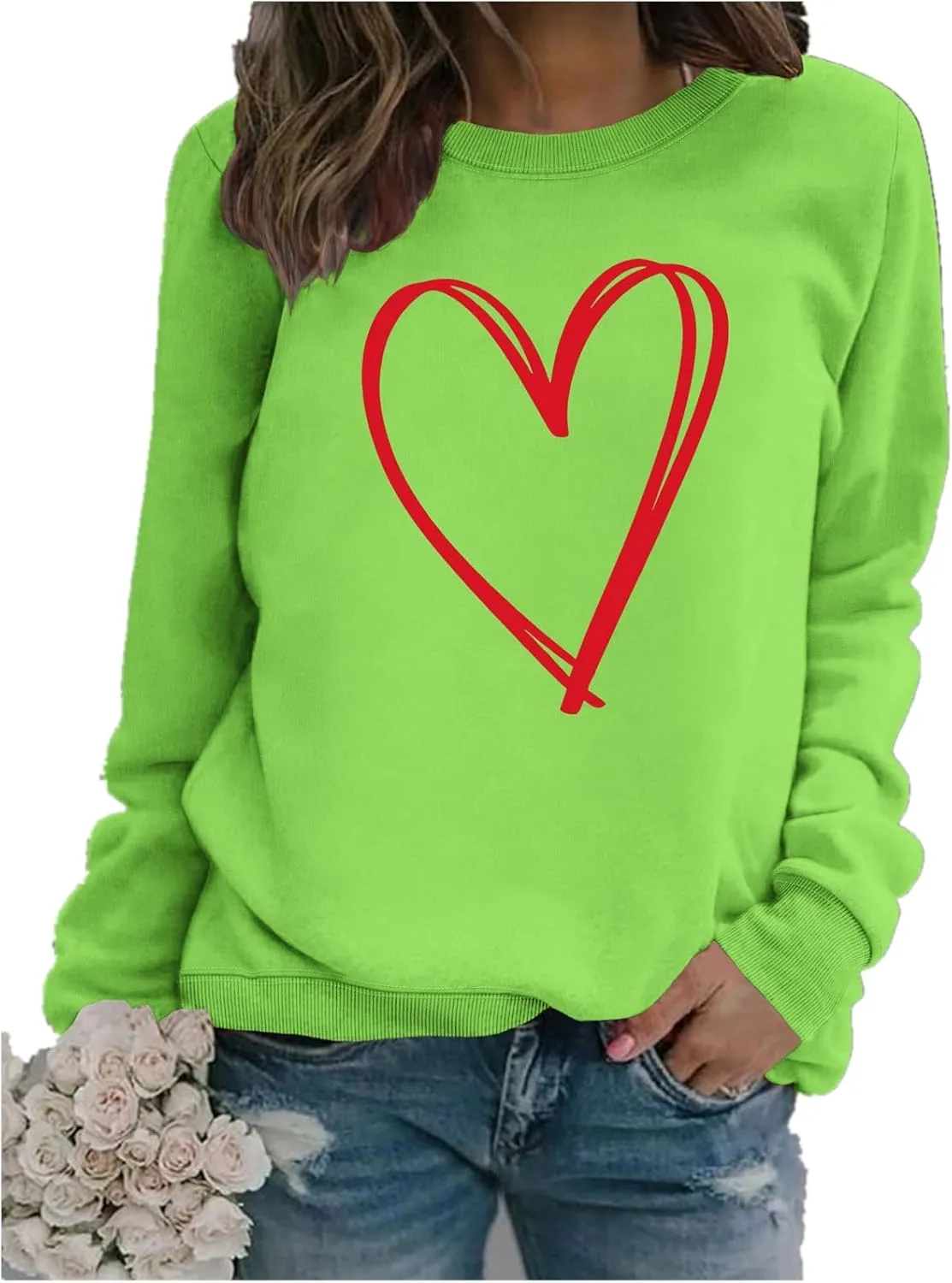 Crewneck Sweatshirts Women Valentine's Day Sweatshirt Love Heart Grahic Print Long Sleeve Pullover Casual Tops