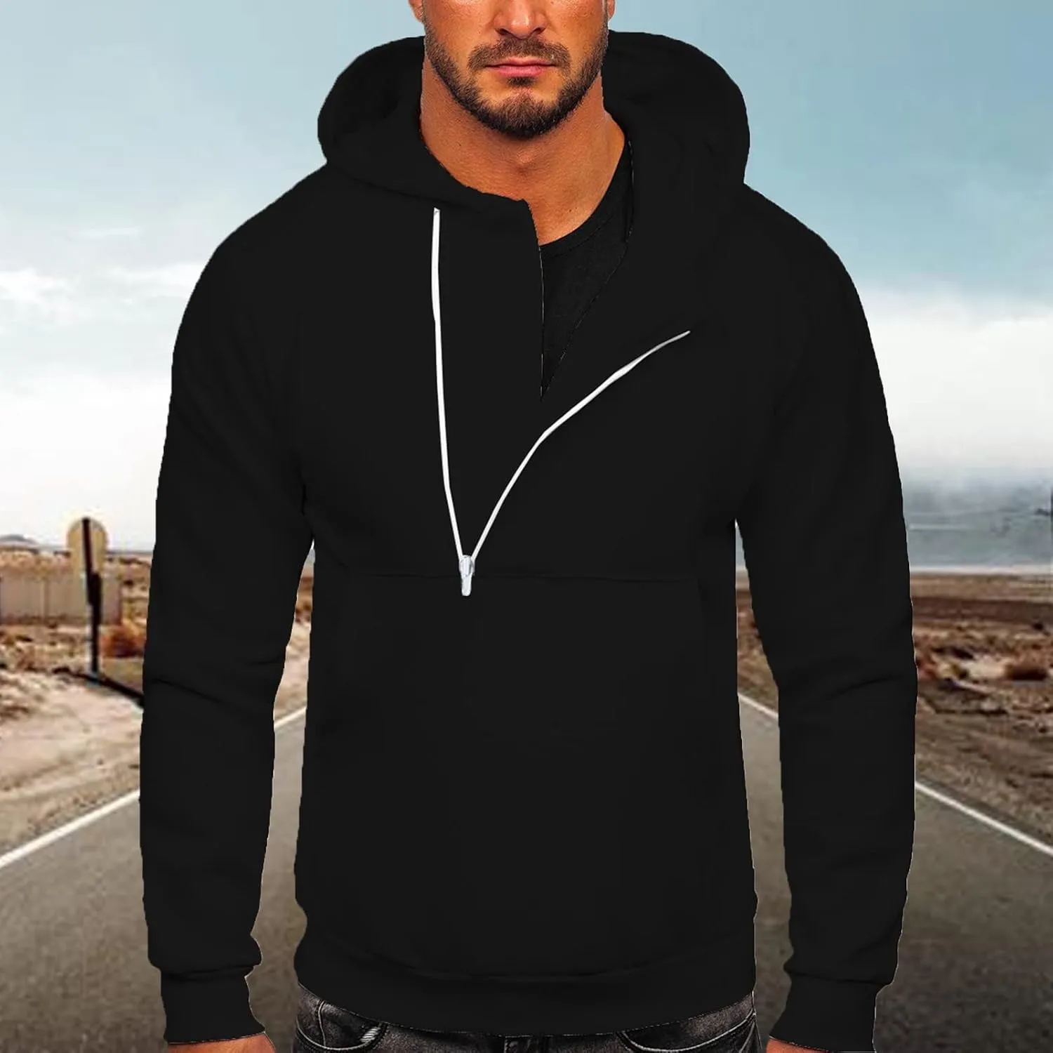 Ctreela Aesthetic Hoodies Sweatshirt for Men Designer Asymmetrical Pullover Tops Plus Size Workout Hoodie Half Zip Jackets