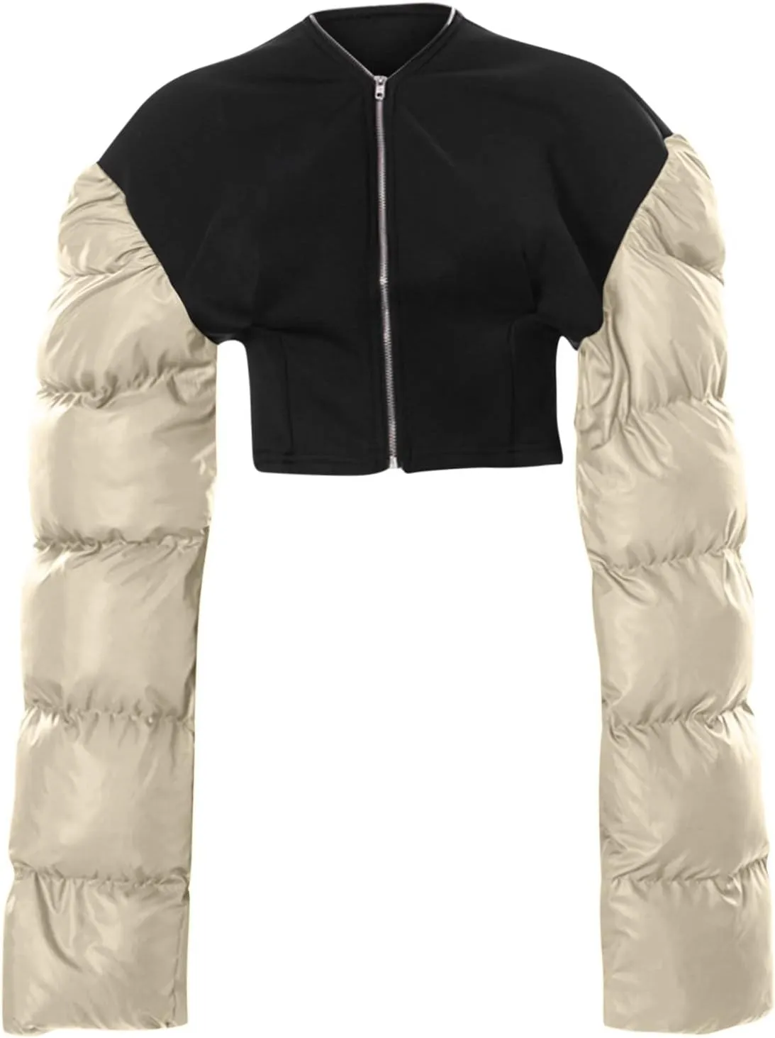 DASAYO Women's Puffy Long Sleeve Zip Cropped Puffer Jacket Color Block Quilted Puffy Down Coat Slouchy Winter Outwear Trendy