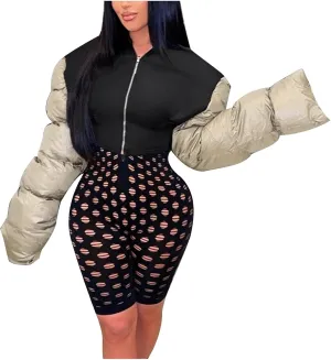 DASAYO Women's Puffy Long Sleeve Zip Cropped Puffer Jacket Color Block Quilted Puffy Down Coat Slouchy Winter Outwear Trendy
