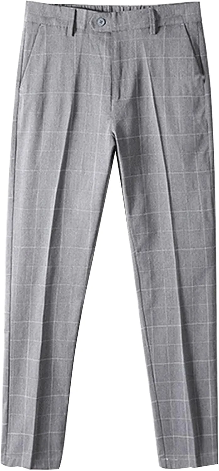 DGKaxiyaHM Men's Basic Loose Suit Trousers Mid Waisted Stretch Straight Fit Plaid Dress Pants Light Business Simple Cozy Pant (Light Grey,32)