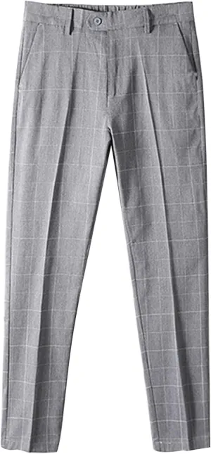 DGKaxiyaHM Men's Basic Loose Suit Trousers Mid Waisted Stretch Straight Fit Plaid Dress Pants Light Business Simple Cozy Pant (Light Grey,32)