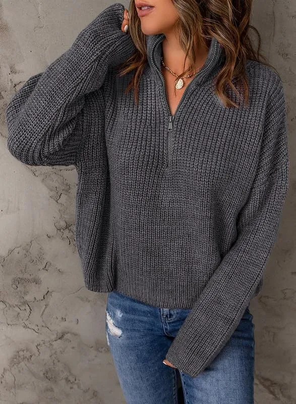 Dokotoo Womens Sweaters Long Sleeve 1/4 Zip Pullover Polo V Neck Dressy Casual Tops