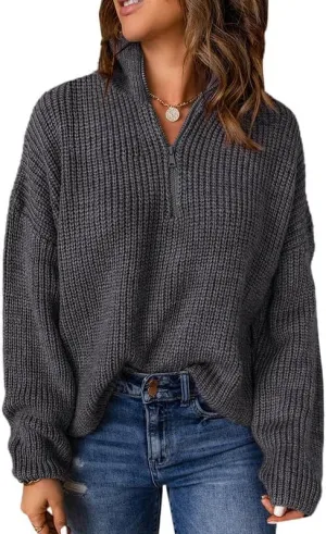 Dokotoo Womens Sweaters Long Sleeve 1/4 Zip Pullover Polo V Neck Dressy Casual Tops