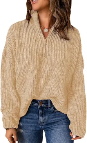 Dokotoo Womens Sweaters Long Sleeve 1/4 Zip Pullover Polo V Neck Dressy Casual Tops