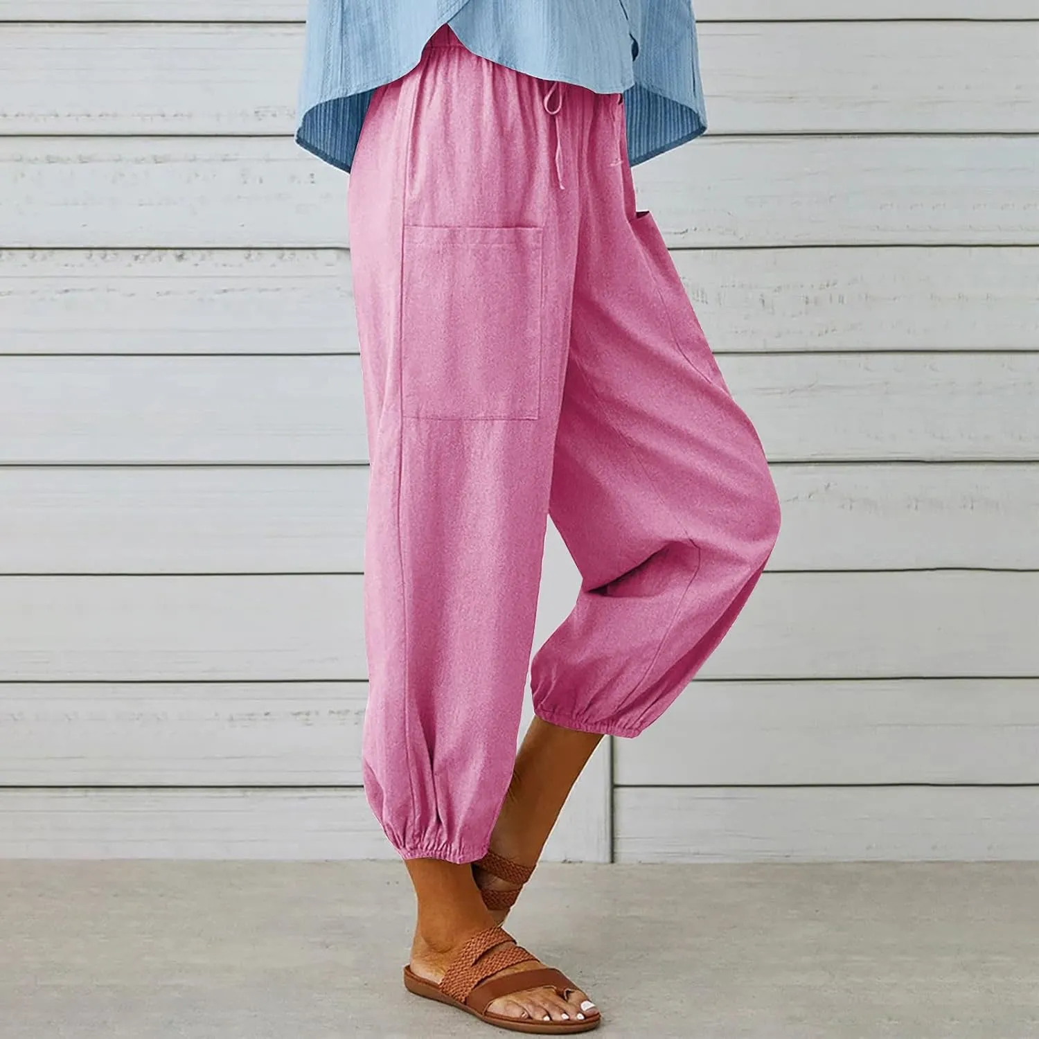 Drawstring Linen Pants for Women Loose Fit Button Down Pants High Waisted Wide Leg Pants Lounge Pants with Pockets