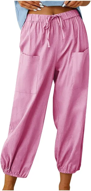 Drawstring Linen Pants for Women Loose Fit Button Down Pants High Waisted Wide Leg Pants Lounge Pants with Pockets