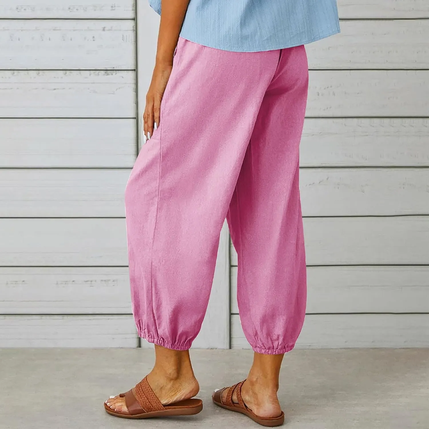 Drawstring Linen Pants for Women Loose Fit Button Down Pants High Waisted Wide Leg Pants Lounge Pants with Pockets