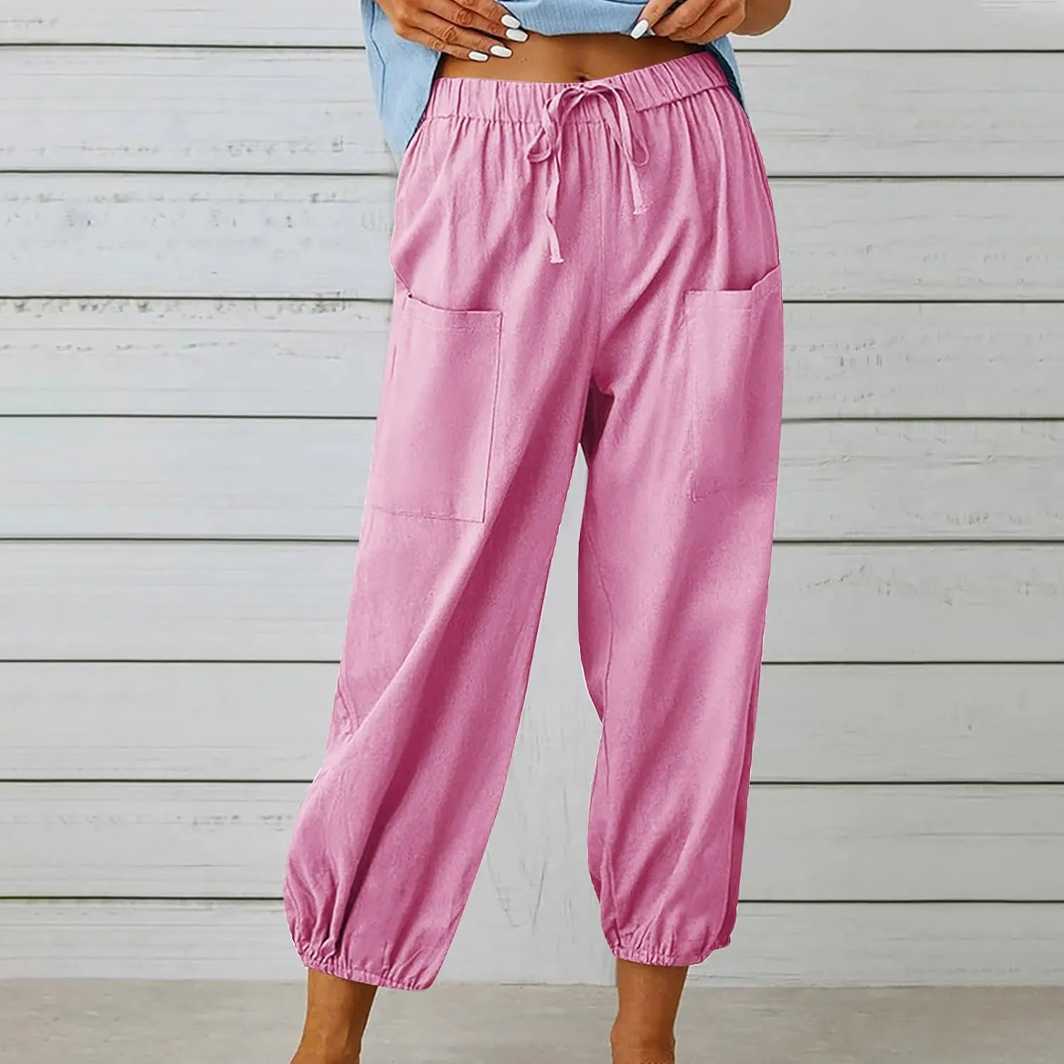 Drawstring Linen Pants for Women Loose Fit Button Down Pants High Waisted Wide Leg Pants Lounge Pants with Pockets