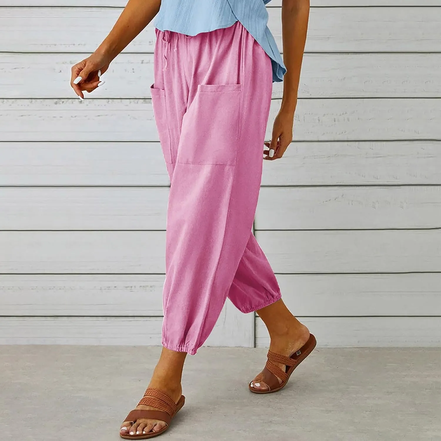 Drawstring Linen Pants for Women Loose Fit Button Down Pants High Waisted Wide Leg Pants Lounge Pants with Pockets