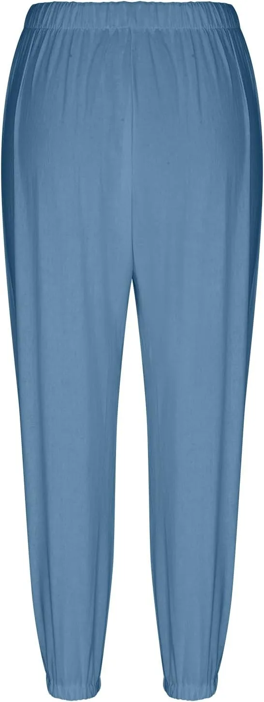 Drawstring Linen Pants for Women Loose Fit Button Down Pants High Waisted Wide Leg Pants Lounge Pants with Pockets