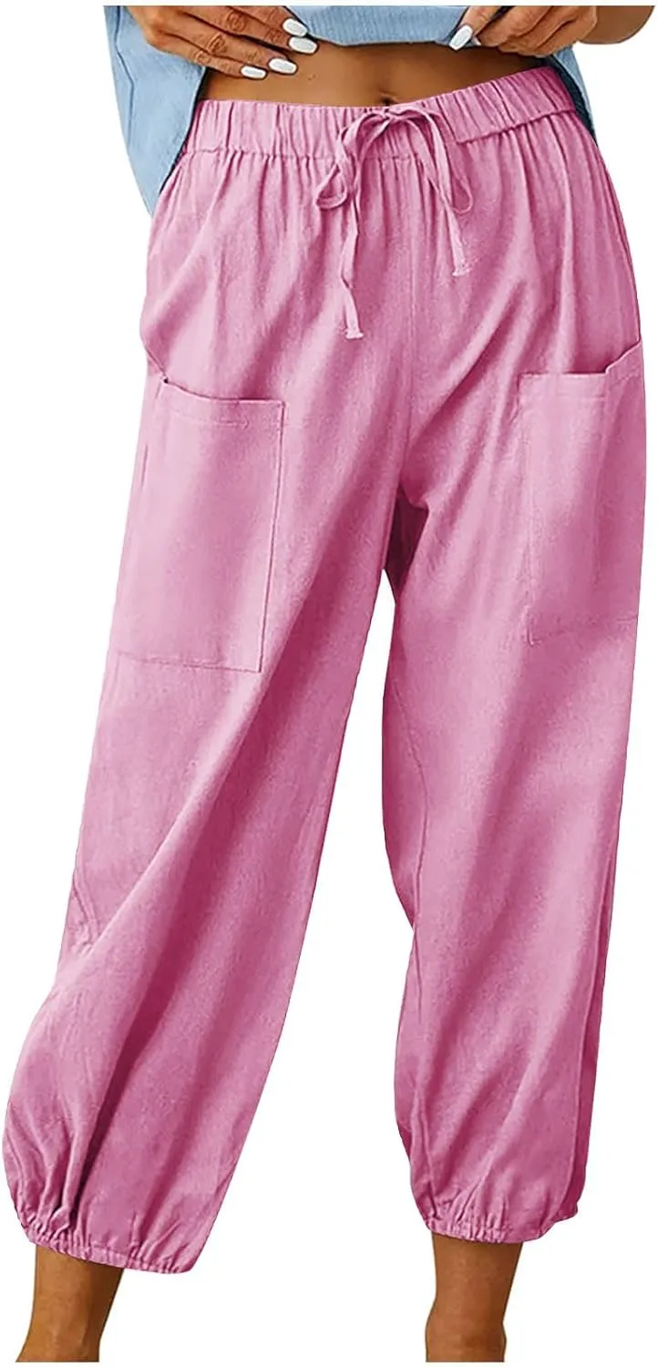 Drawstring Linen Pants for Women Loose Fit Button Down Pants High Waisted Wide Leg Pants Lounge Pants with Pockets