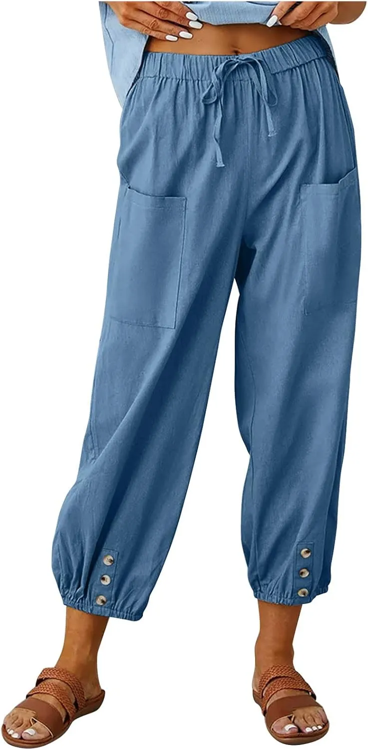 Drawstring Linen Pants for Women Loose Fit Button Down Pants High Waisted Wide Leg Pants Lounge Pants with Pockets