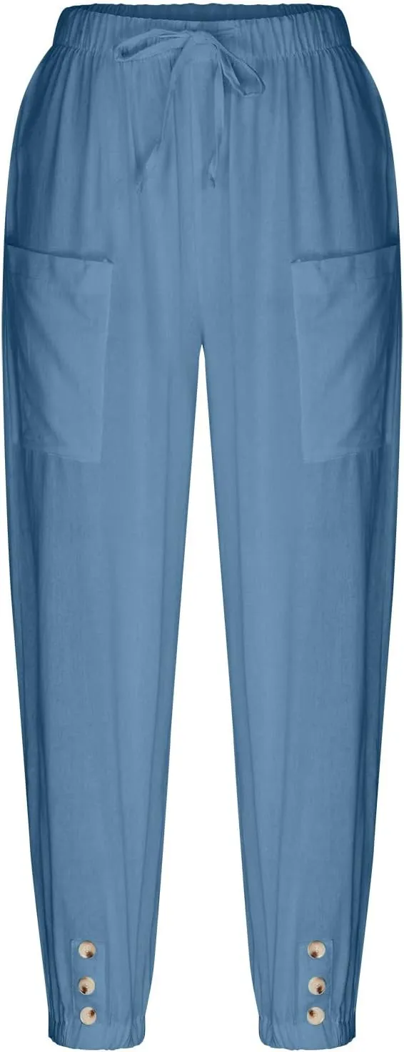 Drawstring Linen Pants for Women Loose Fit Button Down Pants High Waisted Wide Leg Pants Lounge Pants with Pockets