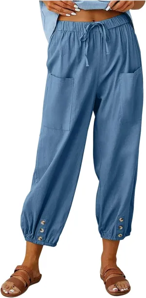 Drawstring Linen Pants for Women Loose Fit Button Down Pants High Waisted Wide Leg Pants Lounge Pants with Pockets