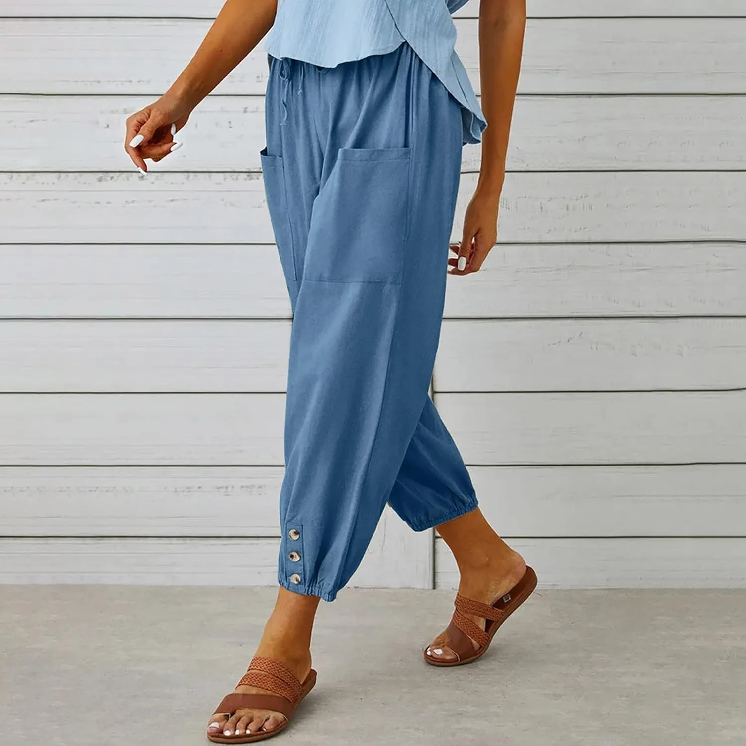 Drawstring Linen Pants for Women Loose Fit Button Down Pants High Waisted Wide Leg Pants Lounge Pants with Pockets