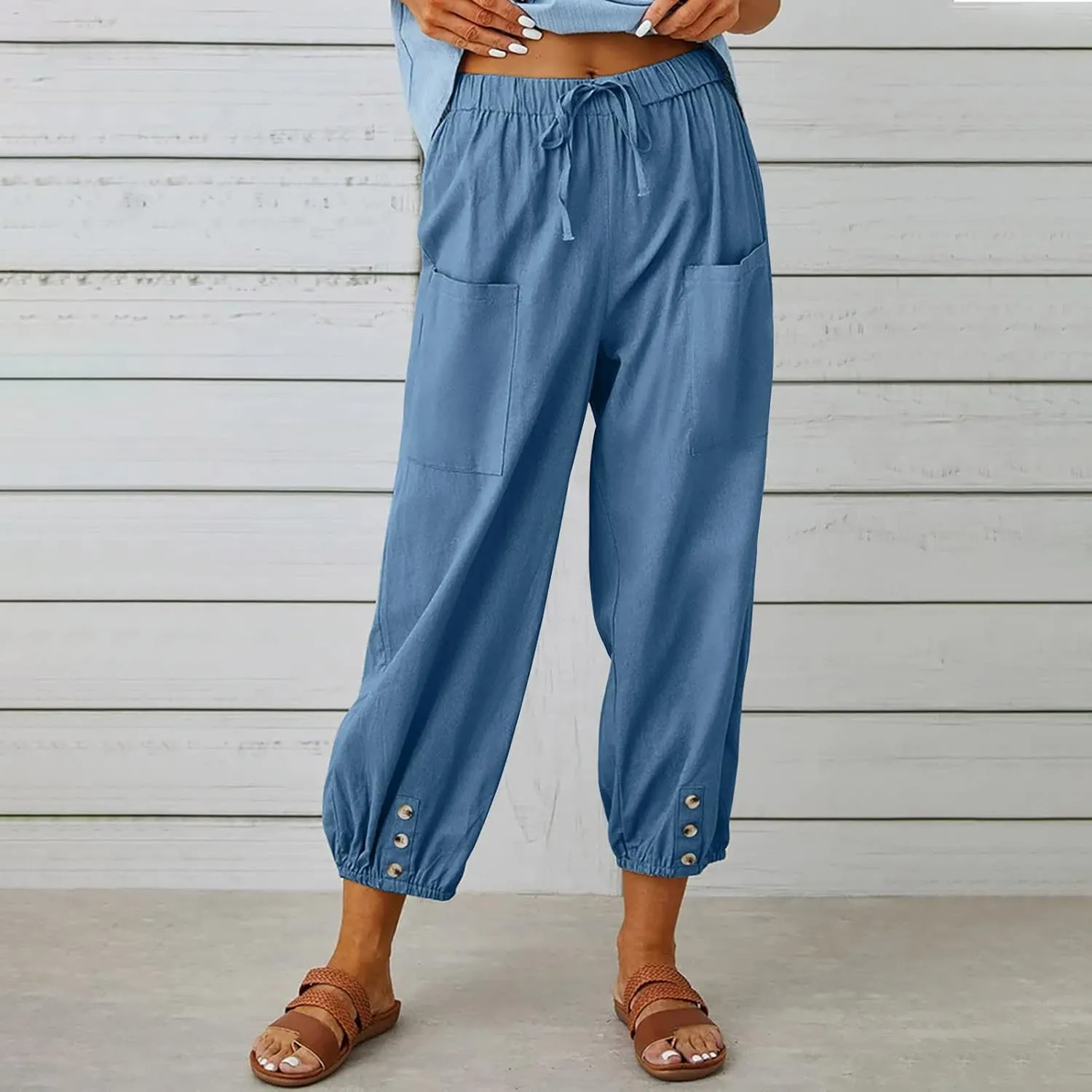 Drawstring Linen Pants for Women Loose Fit Button Down Pants High Waisted Wide Leg Pants Lounge Pants with Pockets