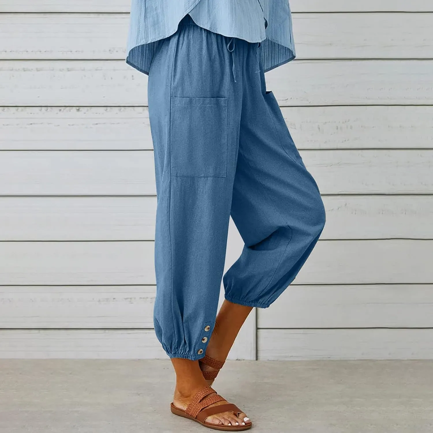 Drawstring Linen Pants for Women Loose Fit Button Down Pants High Waisted Wide Leg Pants Lounge Pants with Pockets