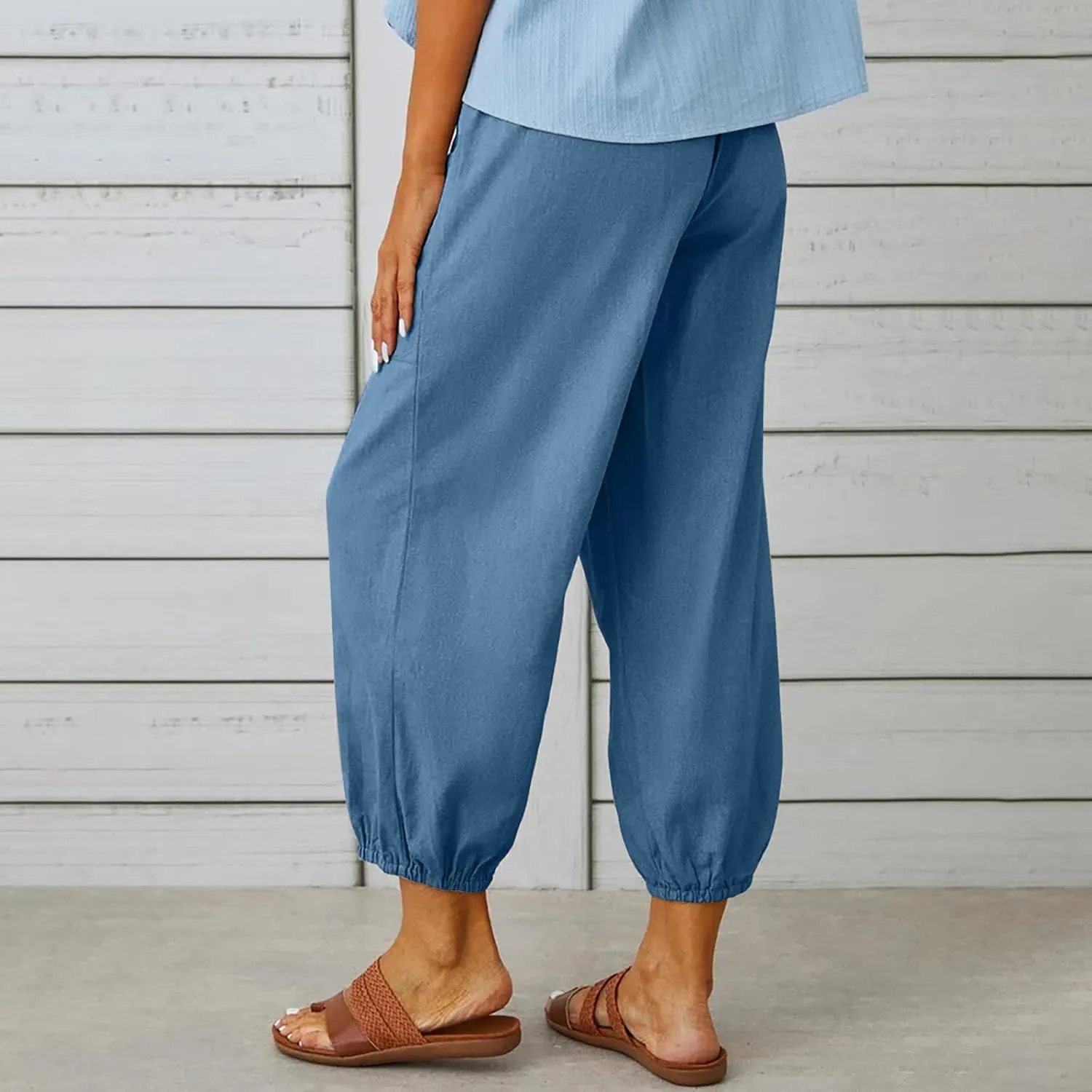 Drawstring Linen Pants for Women Loose Fit Button Down Pants High Waisted Wide Leg Pants Lounge Pants with Pockets
