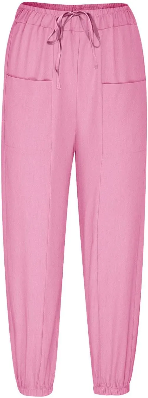 Drawstring Linen Pants for Women Loose Fit Button Down Pants High Waisted Wide Leg Pants Lounge Pants with Pockets