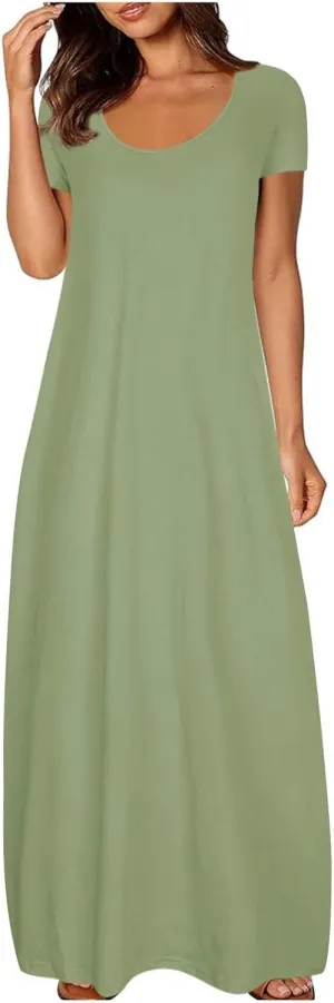 Dresses for Women 2025 Casual Summer Maxi Dresses Short Sleeve Round Neck Dress Plus Size Long Beach Vacation Sundress