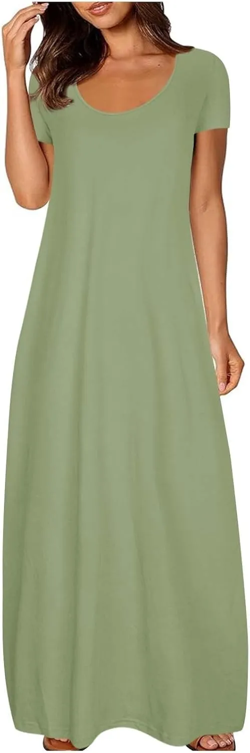 Dresses for Women 2025 Casual Summer Maxi Dresses Short Sleeve Round Neck Dress Plus Size Long Beach Vacation Sundress