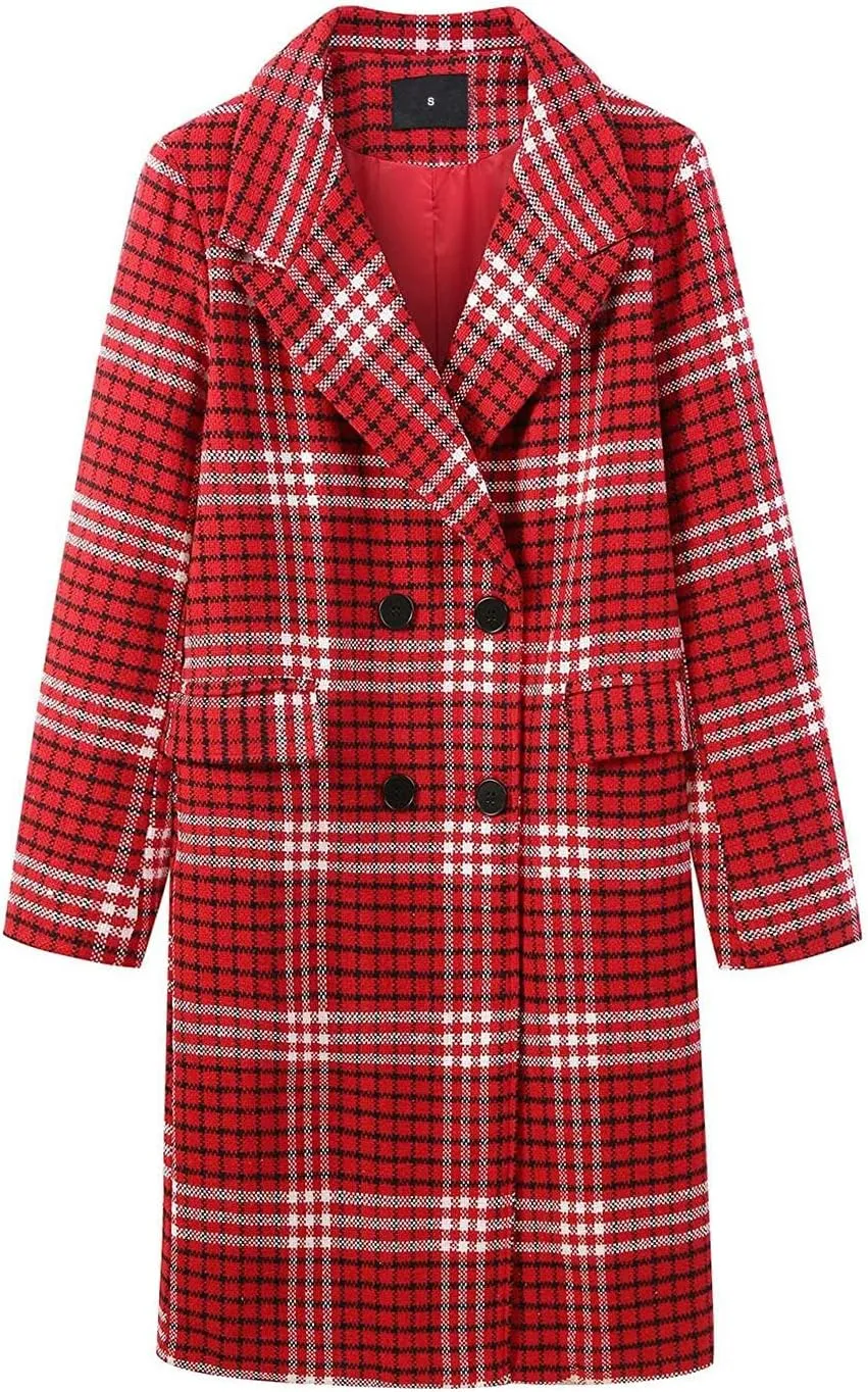 ebossy Women's Elegant Double Breasted Plaid Mid-Long Over Coat Striped Plain Wool Blend Peacoat