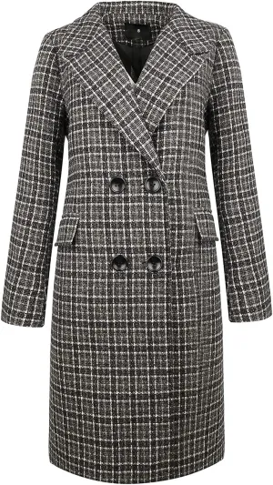 ebossy Women's Elegant Double Breasted Plaid Mid-Long Over Coat Striped Plain Wool Blend Peacoat