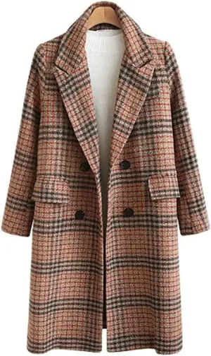 ebossy Women's Elegant Double Breasted Plaid Mid-Long Over Coat Striped Plain Wool Blend Peacoat